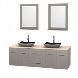 72 inch Double Bathroom Vanity in Gray Oak, Ivory Marble Countertop, Altair Black Granite Sinks, and 24 inch Mirrors