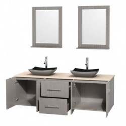 72 inch Double Bathroom Vanity in Gray Oak, Ivory Marble Countertop, Altair Black Granite Sinks, and 24 inch Mirrors
