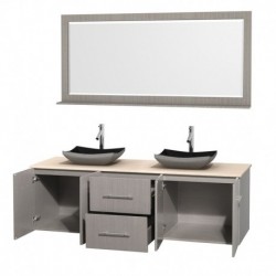 72 inch Double Bathroom Vanity in Gray Oak, Ivory Marble Countertop, Altair Black Granite Sinks, and 70 inch Mirror