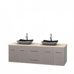 72 inch Double Bathroom Vanity in Gray Oak, Ivory Marble Countertop, Altair Black Granite Sinks, and No Mirror
