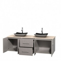 72 inch Double Bathroom Vanity in Gray Oak, Ivory Marble Countertop, Altair Black Granite Sinks, and No Mirror