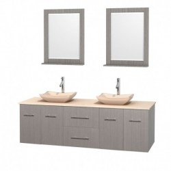 72 inch Double Bathroom Vanity in Gray Oak, Ivory Marble Countertop, Avalon Ivory Marble Sinks, and 24 inch Mirrors