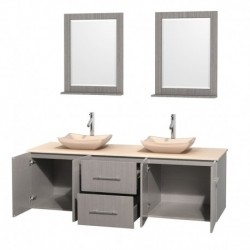 72 inch Double Bathroom Vanity in Gray Oak, Ivory Marble Countertop, Avalon Ivory Marble Sinks, and 24 inch Mirrors