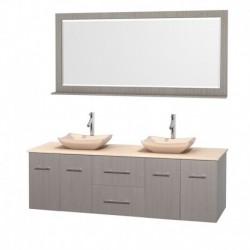 72 inch Double Bathroom Vanity in Gray Oak, Ivory Marble Countertop, Avalon Ivory Marble Sinks, and 70 inch Mirror