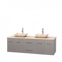 72 inch Double Bathroom Vanity in Gray Oak, Ivory Marble Countertop, Avalon Ivory Marble Sinks, and No Mirror