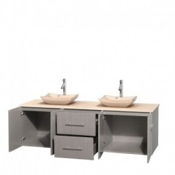 72 inch Double Bathroom Vanity in Gray Oak, Ivory Marble Countertop, Avalon Ivory Marble Sinks, and No Mirror