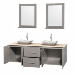 72 inch Double Bathroom Vanity in Gray Oak, Ivory Marble Countertop, Avalon White Carrera Marble Sinks, and 24 inch Mirrors