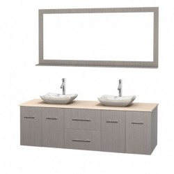 72 inch Double Bathroom Vanity in Gray Oak, Ivory Marble Countertop, Avalon White Carrera Marble Sinks, and 70 inch Mirror