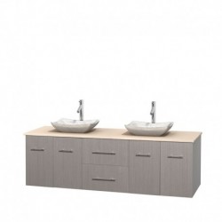 72 inch Double Bathroom Vanity in Gray Oak, Ivory Marble Countertop, Avalon White Carrera Marble Sinks, and No Mirror