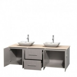 72 inch Double Bathroom Vanity in Gray Oak, Ivory Marble Countertop, Avalon White Carrera Marble Sinks, and No Mirror