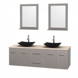 72 inch Double Bathroom Vanity in Gray Oak, Ivory Marble Countertop, Arista Black Granite Sinks, and 24 inch Mirrors
