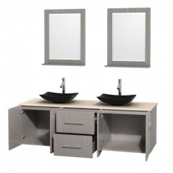 72 inch Double Bathroom Vanity in Gray Oak, Ivory Marble Countertop, Arista Black Granite Sinks, and 24 inch Mirrors