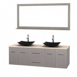 72 inch Double Bathroom Vanity in Gray Oak, Ivory Marble Countertop, Arista Black Granite Sinks, and 70 inch Mirror