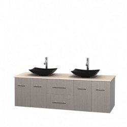72 inch Double Bathroom Vanity in Gray Oak, Ivory Marble Countertop, Arista Black Granite Sinks, and No Mirror