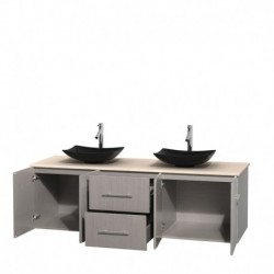 72 inch Double Bathroom Vanity in Gray Oak, Ivory Marble Countertop, Arista Black Granite Sinks, and No Mirror