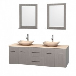 72 inch Double Bathroom Vanity in Gray Oak, Ivory Marble Countertop, Arista Ivory Marble Sinks, and 24 inch Mirrors