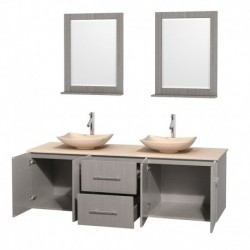 72 inch Double Bathroom Vanity in Gray Oak, Ivory Marble Countertop, Arista Ivory Marble Sinks, and 24 inch Mirrors