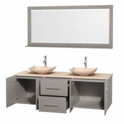 72 inch Double Bathroom Vanity in Gray Oak, Ivory Marble Countertop, Arista Ivory Marble Sinks, and 70 inch Mirror