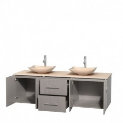 72 inch Double Bathroom Vanity in Gray Oak, Ivory Marble Countertop, Arista Ivory Marble Sinks, and No Mirror