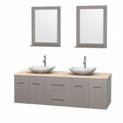 72 inch Double Bathroom Vanity in Gray Oak, Ivory Marble Countertop, Arista White Carrera Marble Sinks, and 24 inch Mirrors