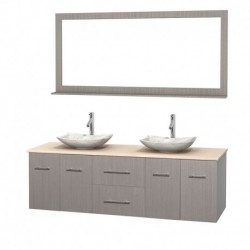 72 inch Double Bathroom Vanity in Gray Oak, Ivory Marble Countertop, Arista White Carrera Marble Sinks, and 70 inch Mirror