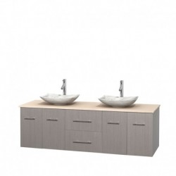 72 inch Double Bathroom Vanity in Gray Oak, Ivory Marble Countertop, Arista White Carrera Marble Sinks, and No Mirror