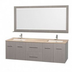 72 inch Double Bathroom Vanity in Gray Oak, Ivory Marble Countertop, Square Porcelain Undermount Sinks, and 70 inch Mirror