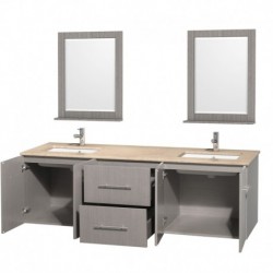 72 inch Double Bathroom Vanity in Gray Oak, Ivory Marble Countertop, Undermount Square Sink, and 24 inch Mirrors