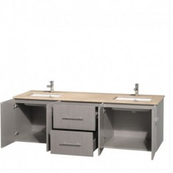 72 inch Double Bathroom Vanity in Gray Oak, Ivory Marble Countertop, Undermount Square Sinks, and No Mirror