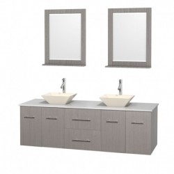72 inch Double Bathroom Vanity in Gray Oak, White Man-Made Stone Countertop, Pyra Bone Porcelain Sinks, and 24 inch Mirrors