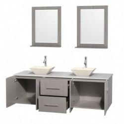 72 inch Double Bathroom Vanity in Gray Oak, White Man-Made Stone Countertop, Pyra Bone Porcelain Sinks, and 24 inch Mirrors