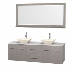 72 inch Double Bathroom Vanity in Gray Oak, White Man-Made Stone Countertop, Pyra Bone Porcelain Sinks, and 70 inch Mirror