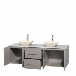 72 inch Double Bathroom Vanity in Gray Oak, White Man-Made Stone Countertop, Pyra Bone Porcelain Sinks, and No Mirror
