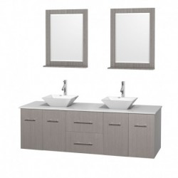 72 inch Double Bathroom Vanity in Gray Oak, White Man-Made Stone Countertop, Pyra White Porcelain Sinks, and 24 inch Mirrors