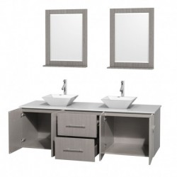 72 inch Double Bathroom Vanity in Gray Oak, White Man-Made Stone Countertop, Pyra White Porcelain Sinks, and 24 inch Mirrors