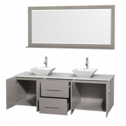72 inch Double Bathroom Vanity in Gray Oak, White Man-Made Stone Countertop, Pyra White Porcelain Sinks, and 70 inch Mirror