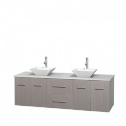 72 inch Double Bathroom Vanity in Gray Oak, White Man-Made Stone Countertop, Pyra White Porcelain Sinks, and No Mirror