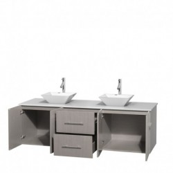 72 inch Double Bathroom Vanity in Gray Oak, White Man-Made Stone Countertop, Pyra White Porcelain Sinks, and No Mirror