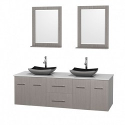 72 inch Double Bathroom Vanity in Gray Oak, White Man-Made Stone Countertop, Altair Black Granite Sinks, and 24 inch Mirrors