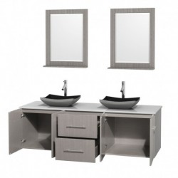 72 inch Double Bathroom Vanity in Gray Oak, White Man-Made Stone Countertop, Altair Black Granite Sinks, and 24 inch Mirrors