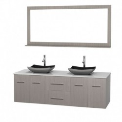 72 inch Double Bathroom Vanity in Gray Oak, White Man-Made Stone Countertop, Altair Black Granite Sinks, and 70 inch Mirror