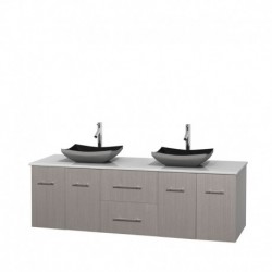 72 inch Double Bathroom Vanity in Gray Oak, White Man-Made Stone Countertop, Altair Black Granite Sinks, and No Mirror
