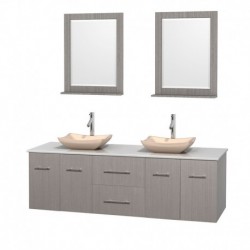 72 inch Double Bathroom Vanity in Gray Oak, White Man-Made Stone Countertop, Avalon Ivory Marble Sinks, and 24 inch Mirrors