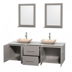 72 inch Double Bathroom Vanity in Gray Oak, White Man-Made Stone Countertop, Avalon Ivory Marble Sinks, and 24 inch Mirrors