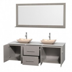 72 inch Double Bathroom Vanity in Gray Oak, White Man-Made Stone Countertop, Avalon Ivory Marble Sinks, and 70 inch Mirror