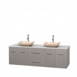 72 inch Double Bathroom Vanity in Gray Oak, White Man-Made Stone Countertop, Avalon Ivory Marble Sinks, and No Mirror