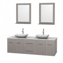 72 inch Double Bathroom Vanity in Gray Oak, White Man-Made Stone Countertop, Avalon White Carrera Marble Sinks, and 24 inch Mir