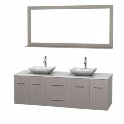 72 inch Double Bathroom Vanity in Gray Oak, White Man-Made Stone Countertop, Avalon White Carrera Marble Sinks, and 70 inch Mir