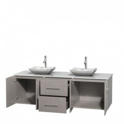 72 inch Double Bathroom Vanity in Gray Oak, White Man-Made Stone Countertop, Avalon White Carrera Marble Sinks, and No Mirror