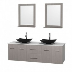 72 inch Double Bathroom Vanity in Gray Oak, White Man-Made Stone Countertop, Arista Black Granite Sinks, and 24 inch Mirrors